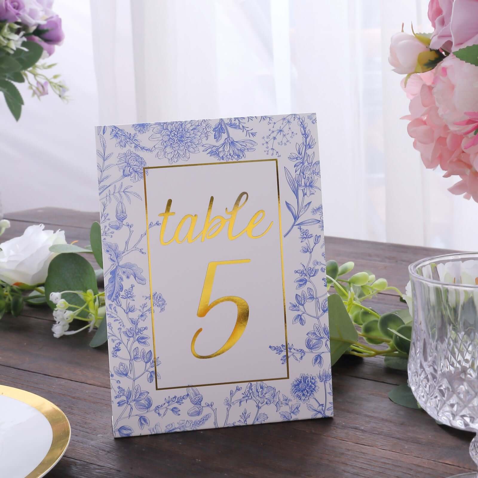 25-Pack Paper Wedding Table Numbers 1-25 White/Blue French Toile Design - Free Standing Double Sided Table Signs with Glam Gold Foil Numbers 7"