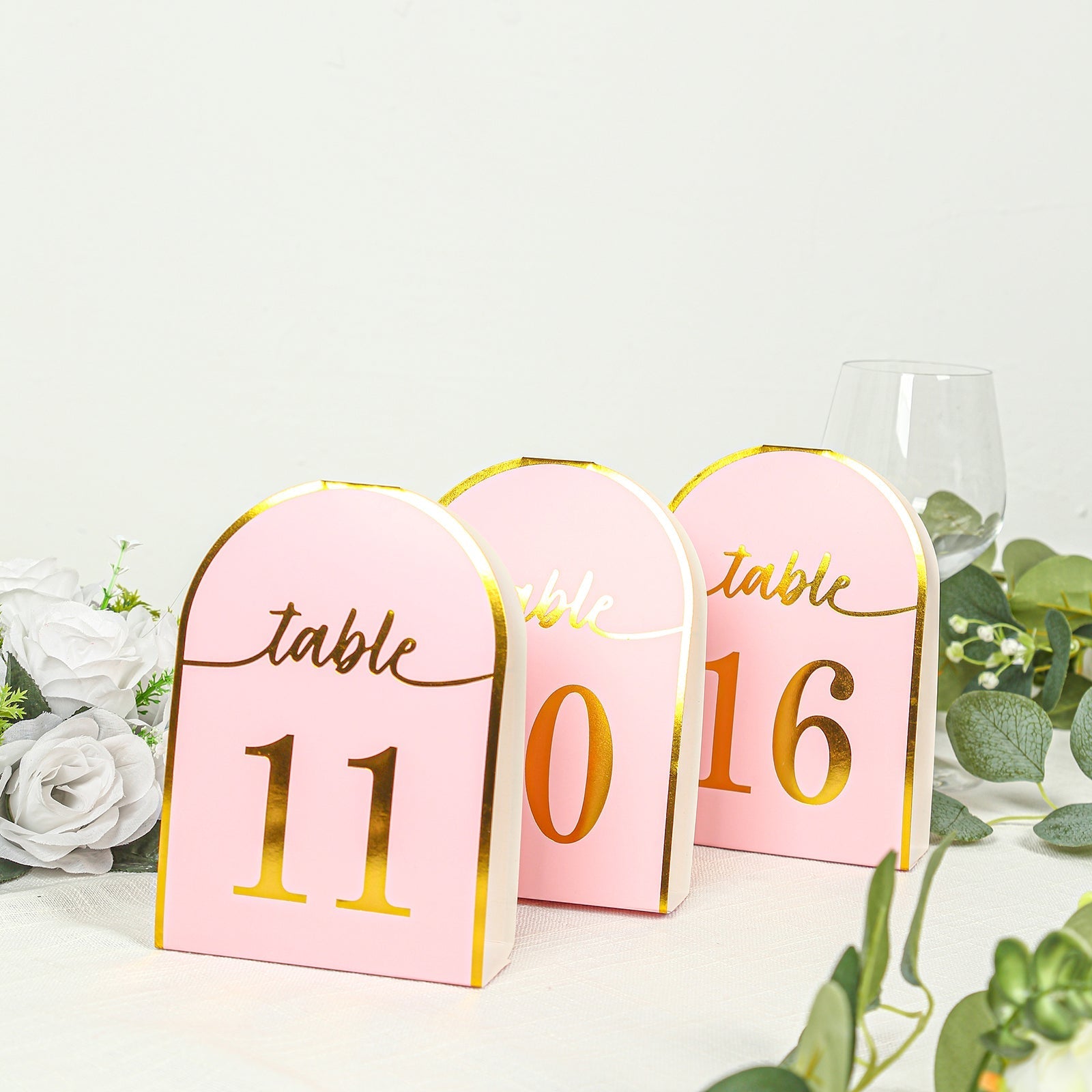 25-Pack Paper Wedding Table Numbers 1-25 Blush Arch Cutout Design - Sleek & Modern Free Standing Double Sided Table Tent Cards with Metallic Gold Foil Numbers 7"
