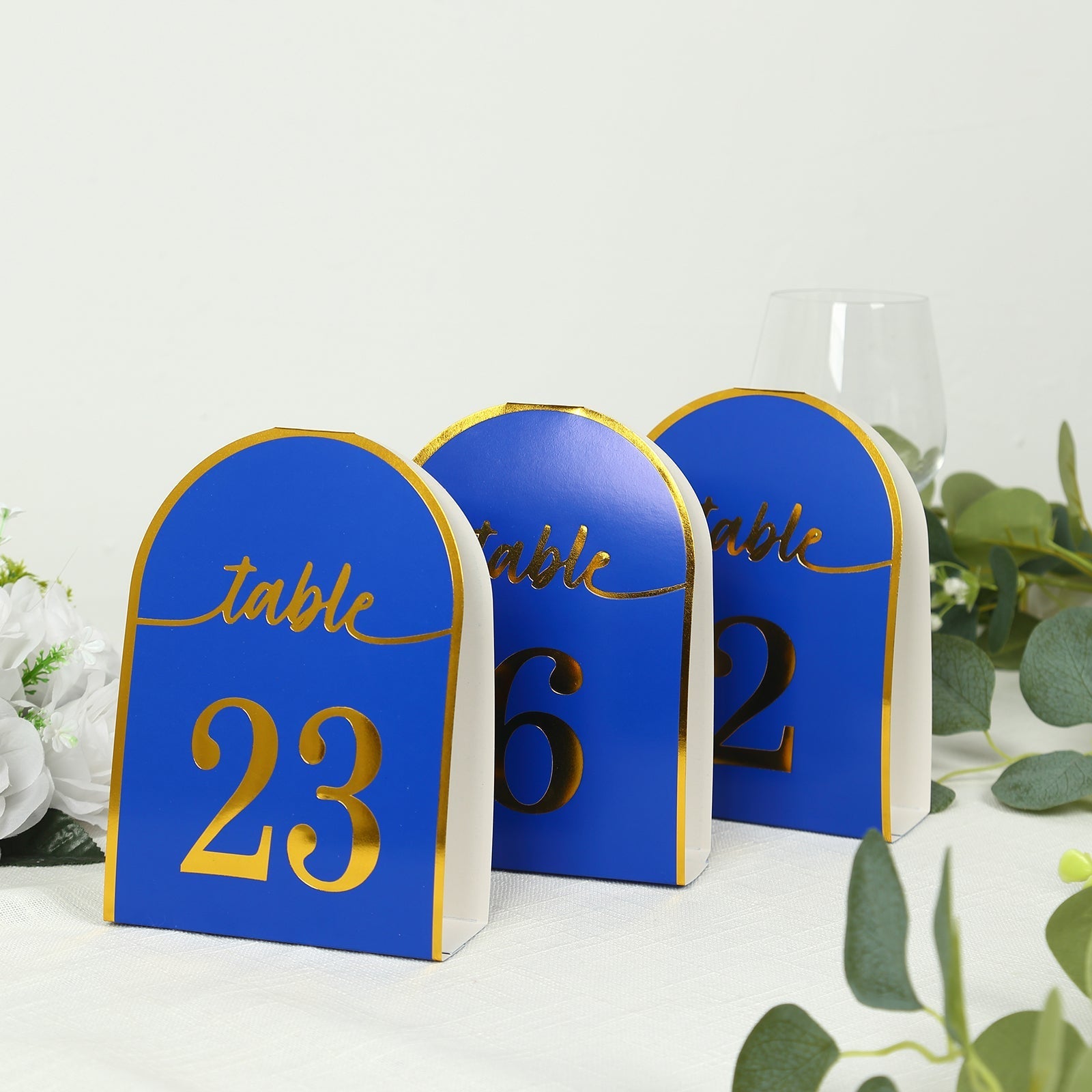 25-Pack Paper Wedding Table Numbers 1-25 Royal Blue Arch Cutout Design - Sleek & Modern Free Standing Double Sided Table Tent Cards with Metallic Gold Foil Numbers 7"