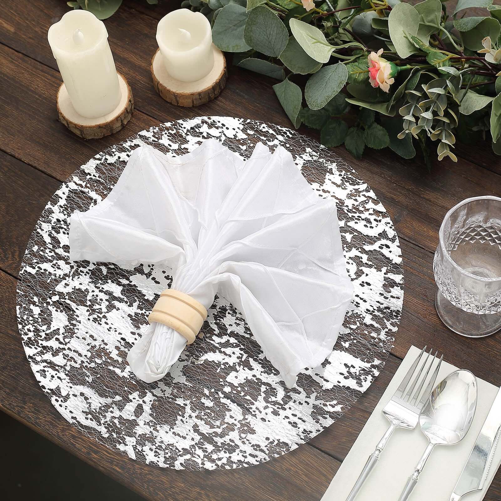 10-Pack Table Placemats Foil Design Metallic Silver Round - Mesh Disposable Shiny Dining Mats 13"