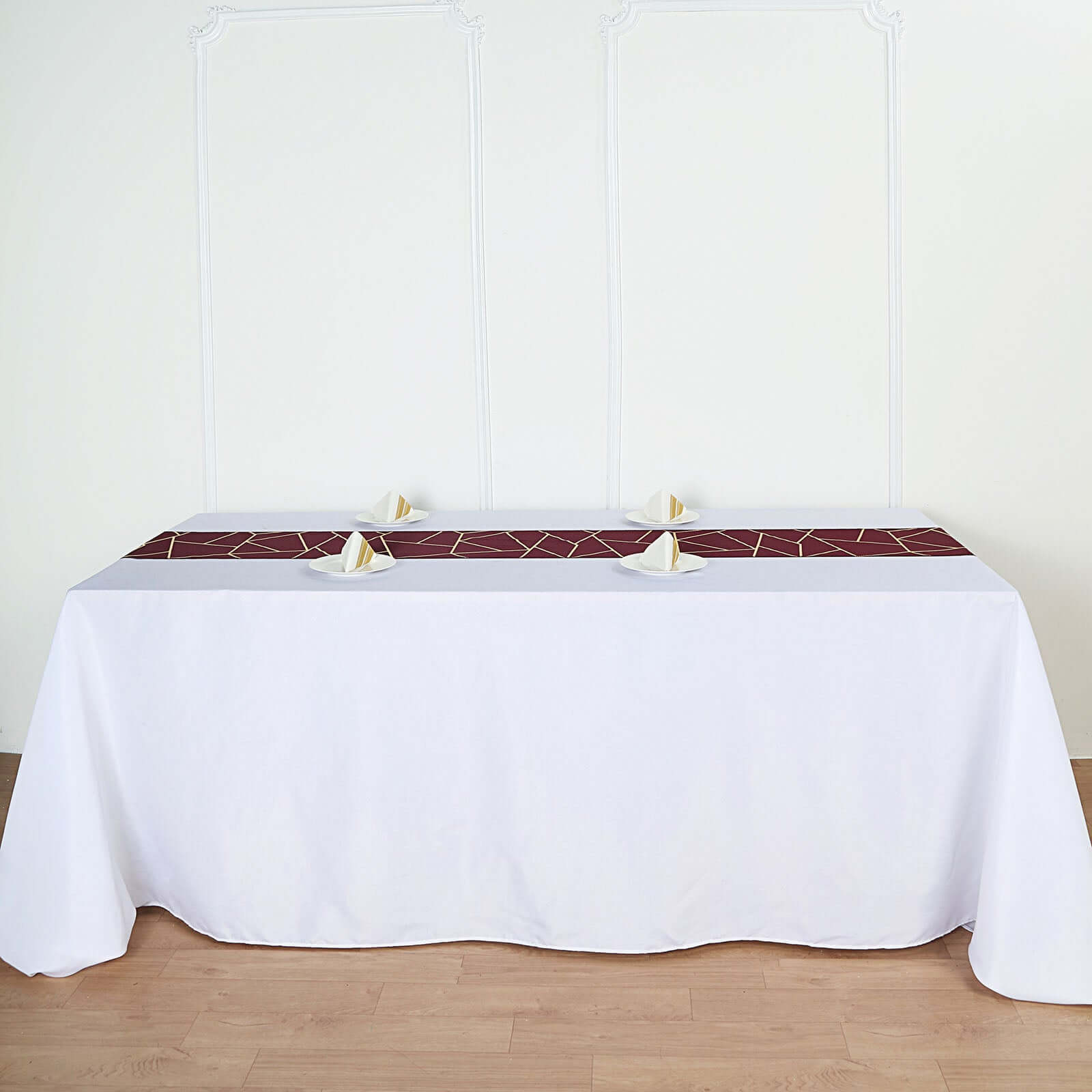 Polyester 9ft Table Runner Burgundy with Gold Foil Modern Geometric Accent