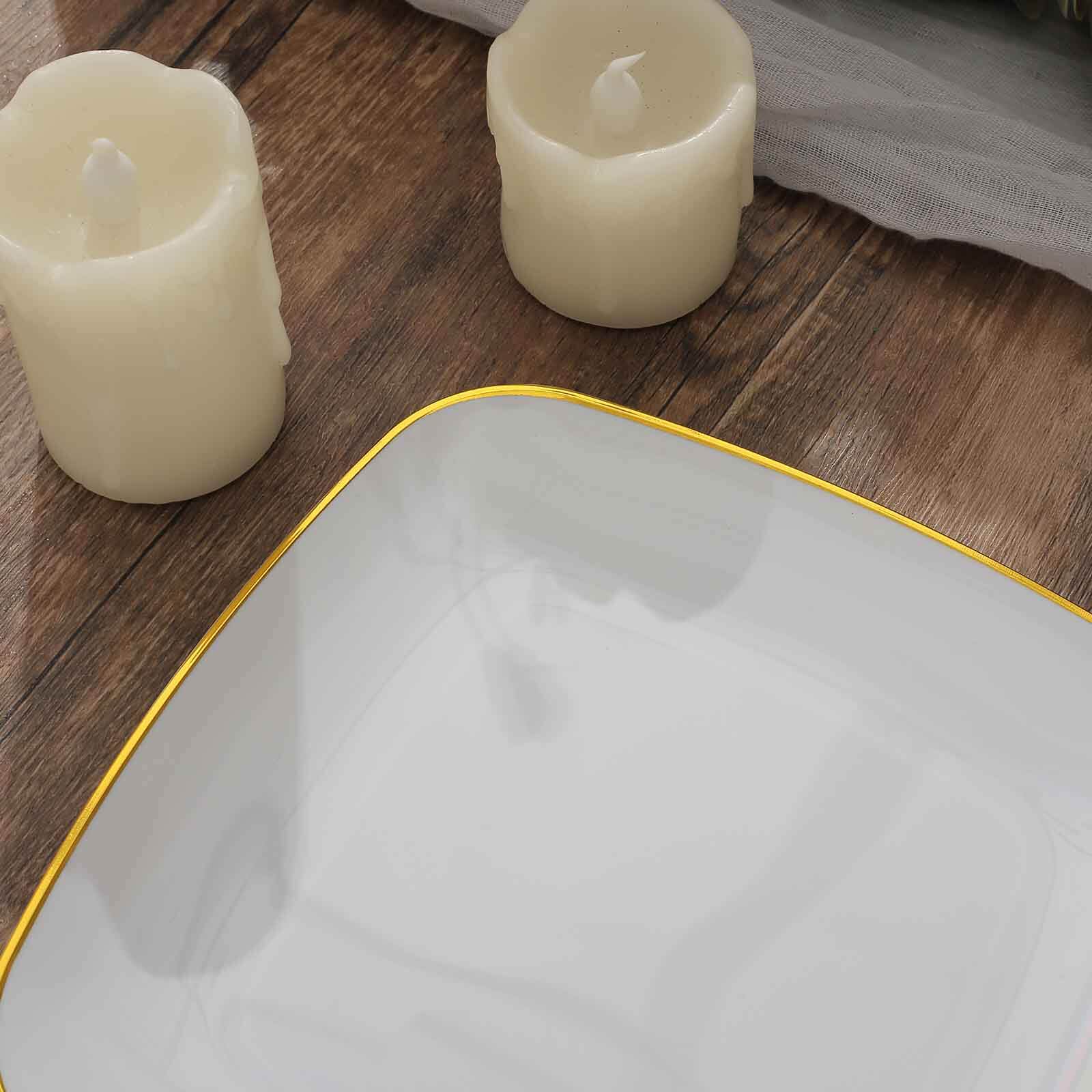 10-Pack Plastic 7" Square Dessert Plates in White with Gold Rim - Classy Disposable Appetizer Salad Plates for Weddings & Special Events
