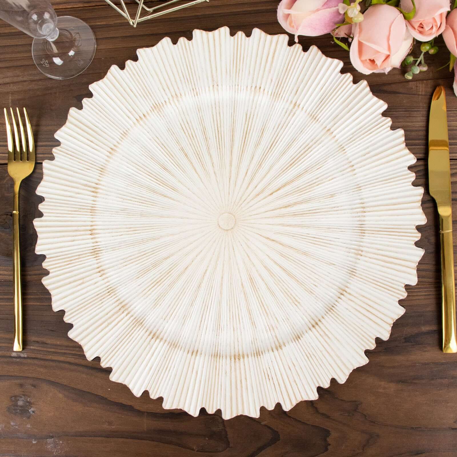 6-Pack Acrylic Plastic Round Charger Plates 13" in Washwhite with Sunray Scalloped Rim, Decorative Dinner Party Charger Tableware