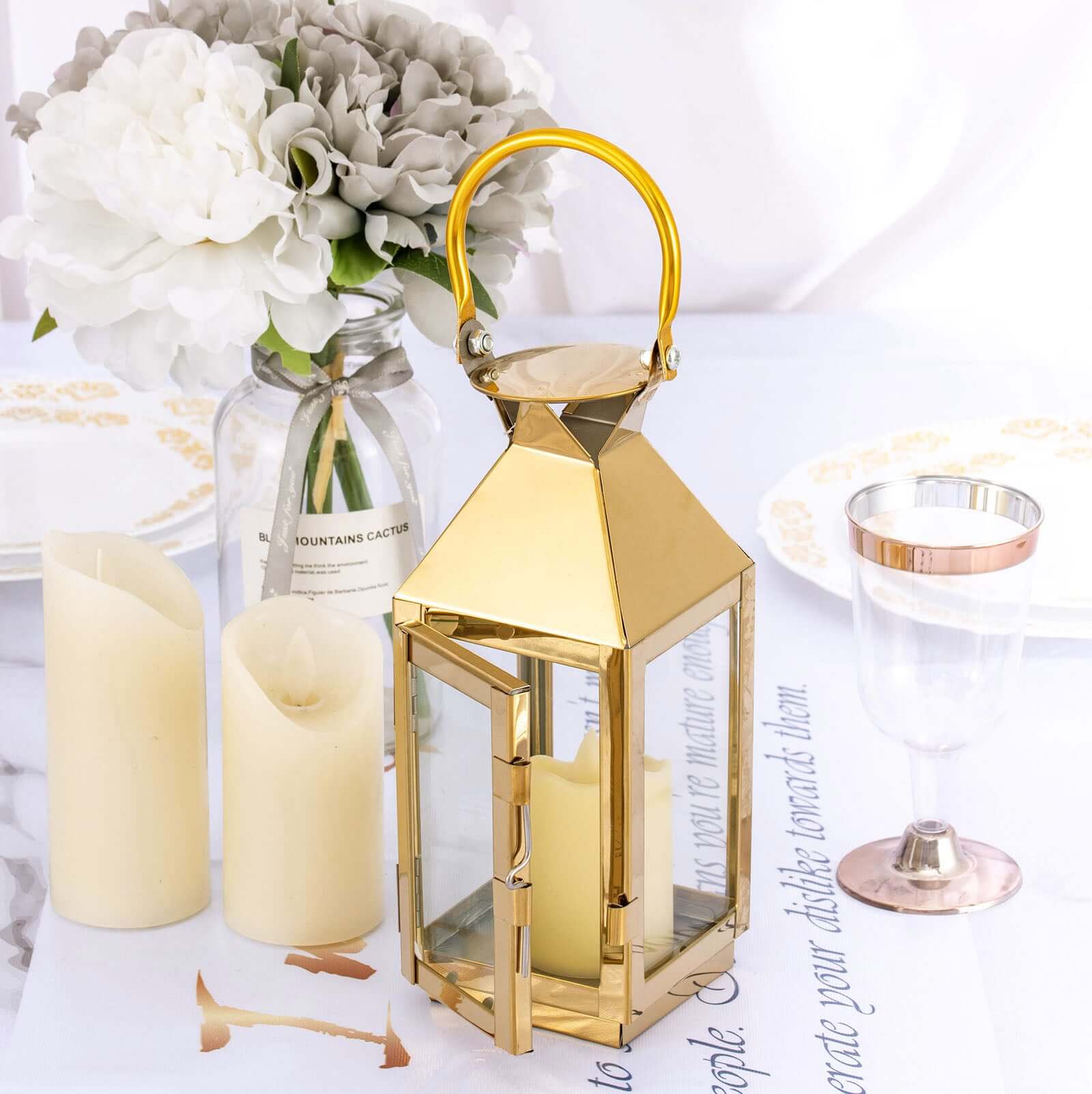 Stainless Steel Candle Lantern Crown Top Design Gold - Outdoor Metal Patio Lantern Centerpiece 8"