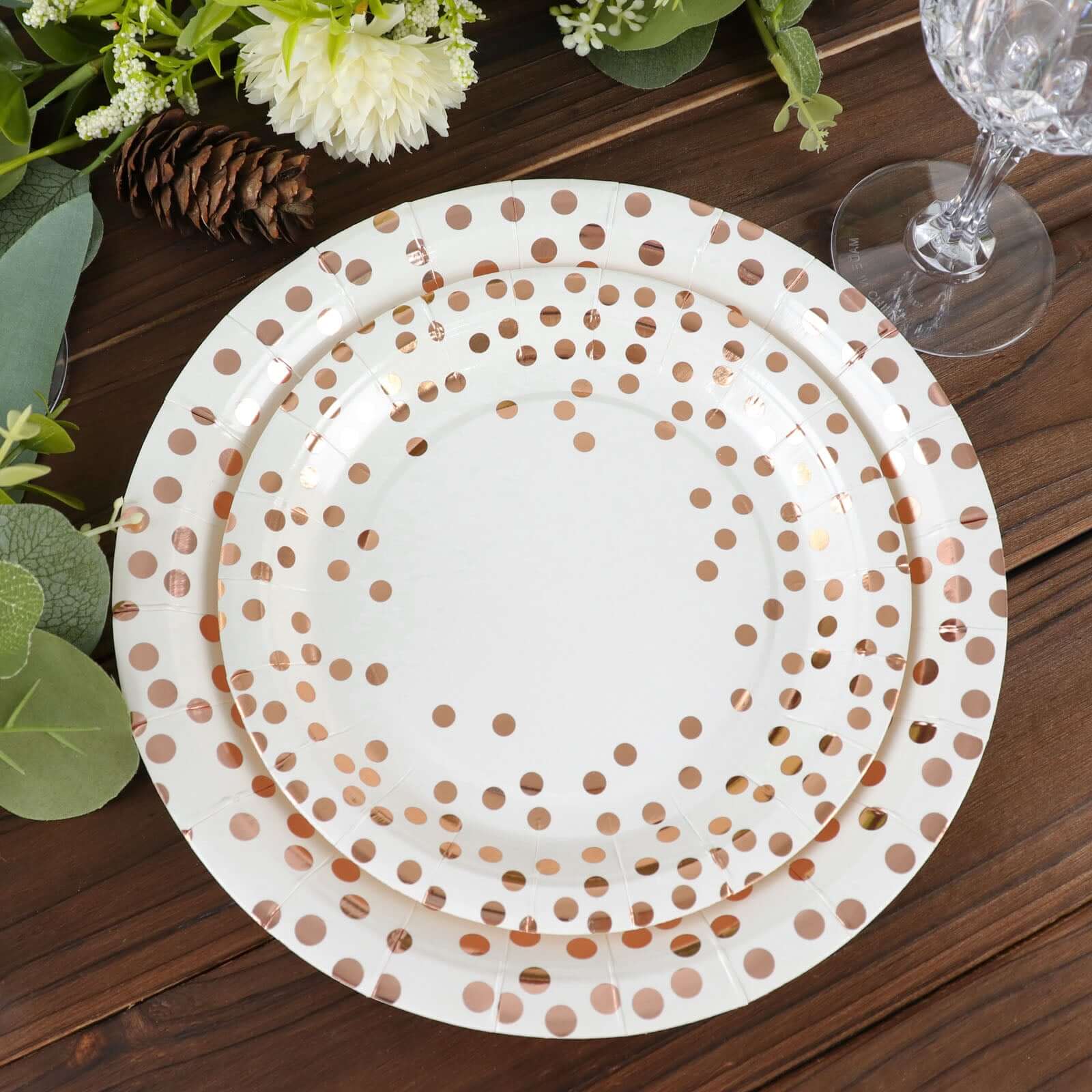25 Pack 7" White Rose Gold Polka Dot Dessert Appetizer Paper Plates, Disposable Salad Party Plates - 300 GSM