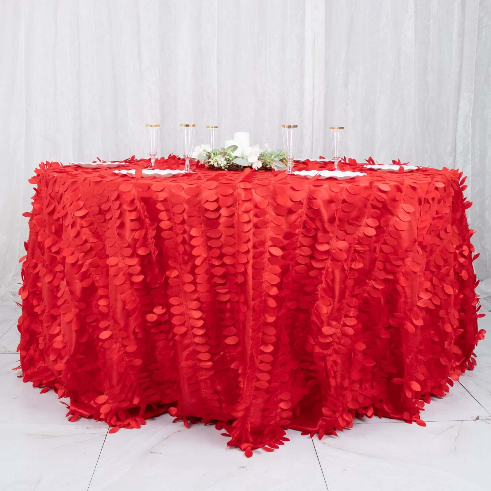 Taffeta 132" Round Tablecloth Red Leaf | 3D Leaf Petal Design Seamless Table Cover