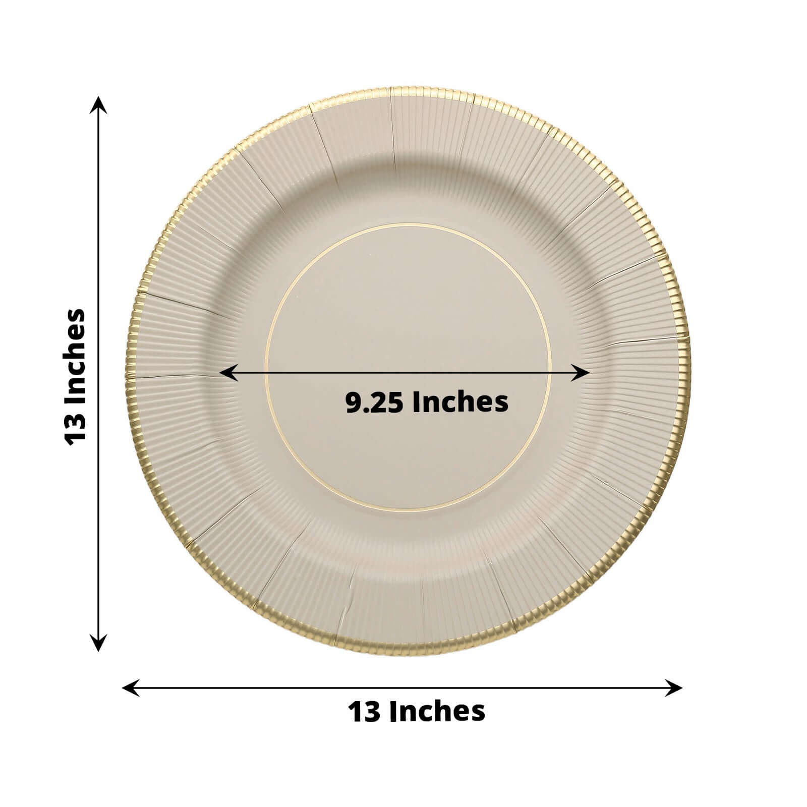 25-Pack Disposable Round Charger Plates in Taupe Sunray Design with Gold Rim - 350GSM Heavy Duty Paper Chargers 13"