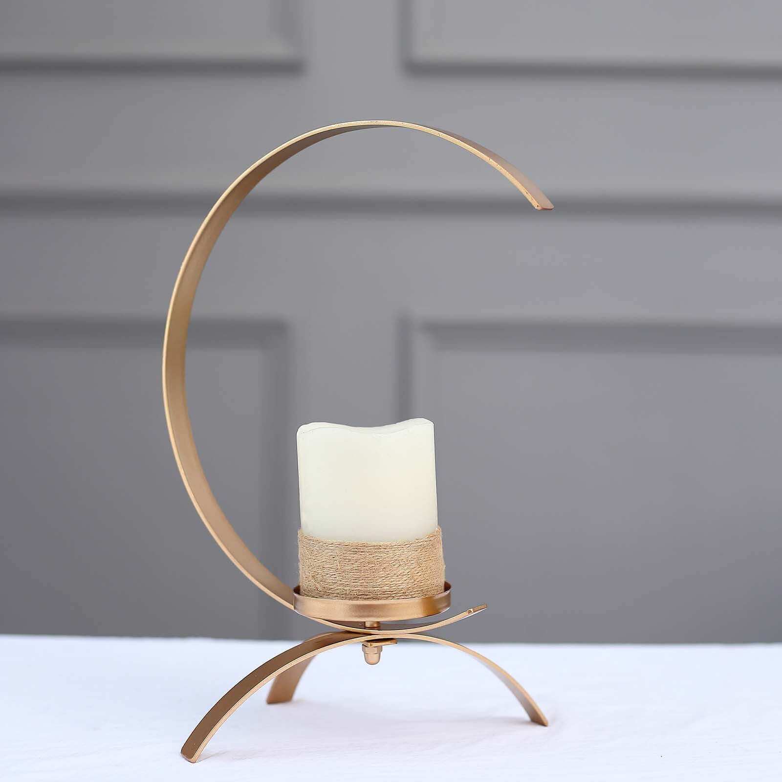 Moon Shaped Tealight Hurricane Candle Holder Gold Metal - Decorative Centerpiece Design 13"