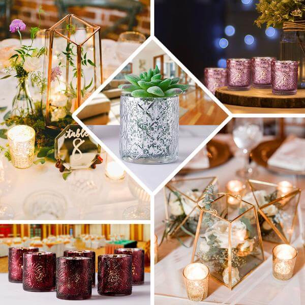 6-Pack Mercury Glass Candle Holders Shiny Silver with Geometric Design - Votive Tealight Holders 3"