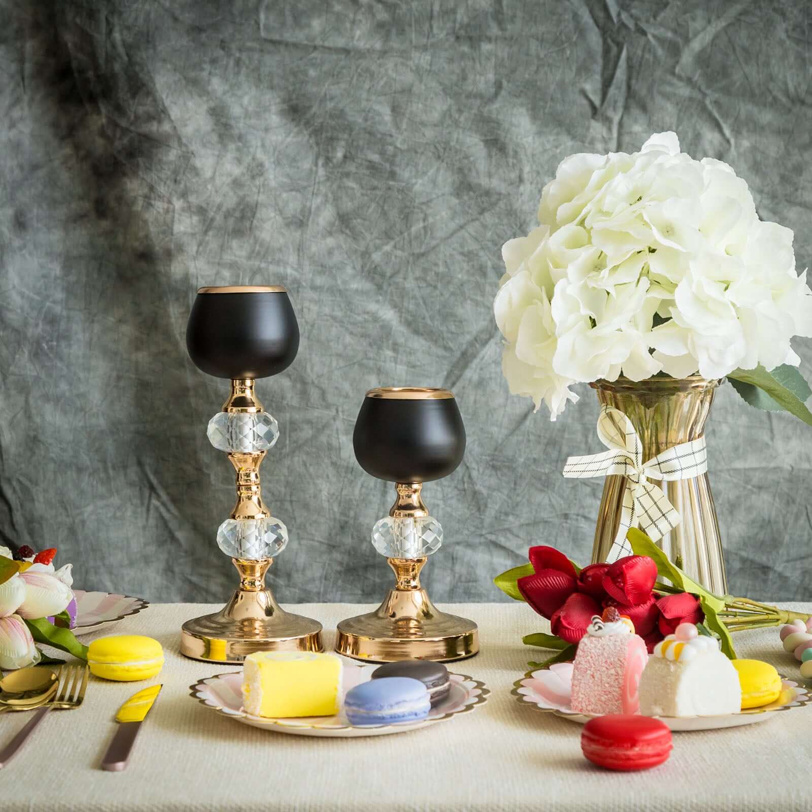 Set of 2 Metal Crystal Lamp Candle Holders Gold/Black - Sophisticated Votive Tealight Stands 7", 11"