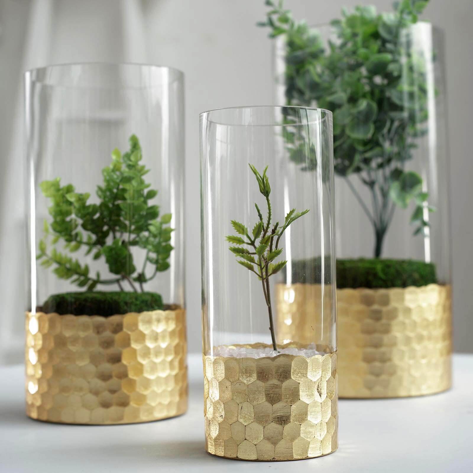 Set of 3 Clear Glass Cylinder Vases with Gold Honeycomb Base, Votive Tealight Candle Holder Set - 8",10",12"