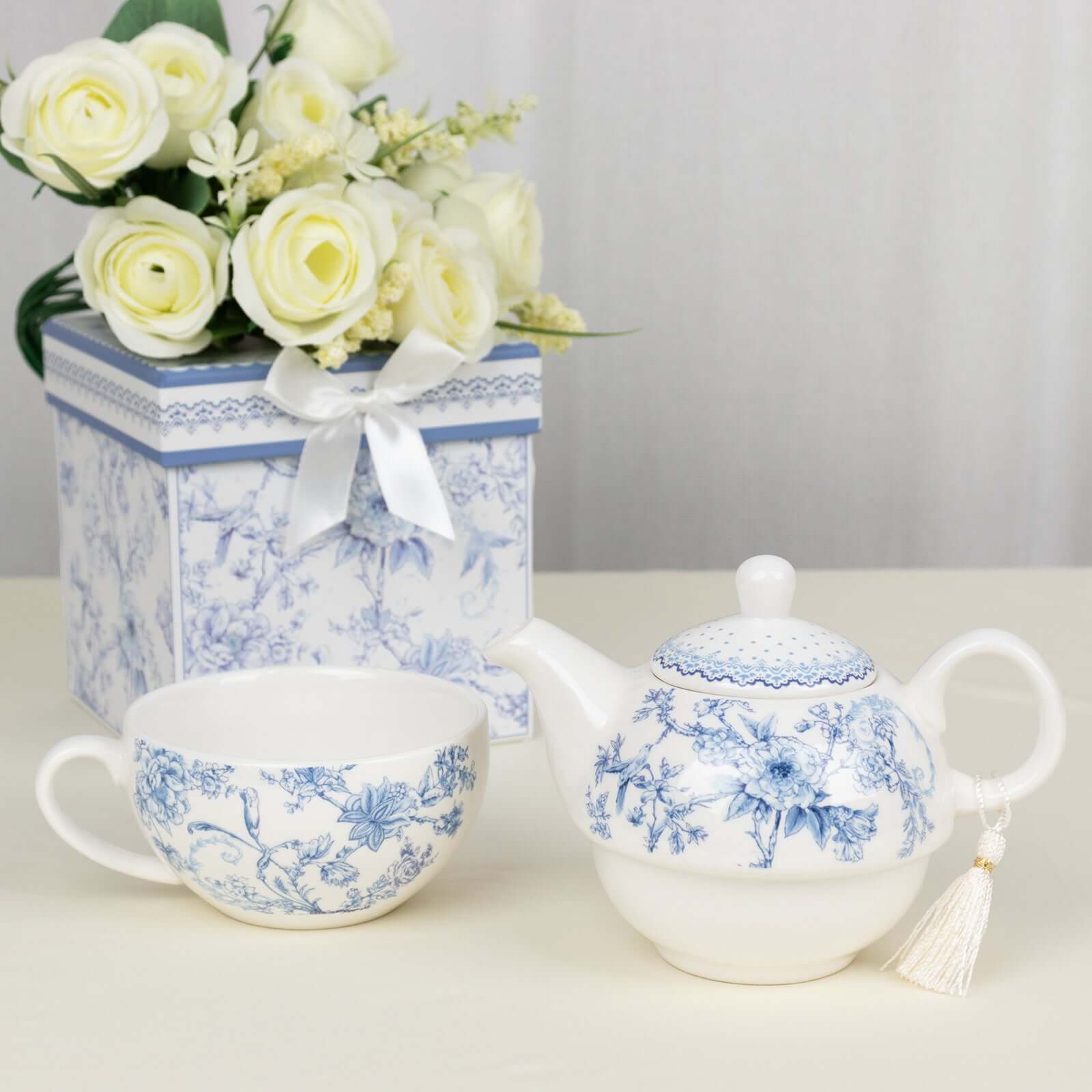 White Blue French Toile Bridal Shower Gift Set, Porcelain Teapot and Cup Set with Matching Keepsake Gift Box