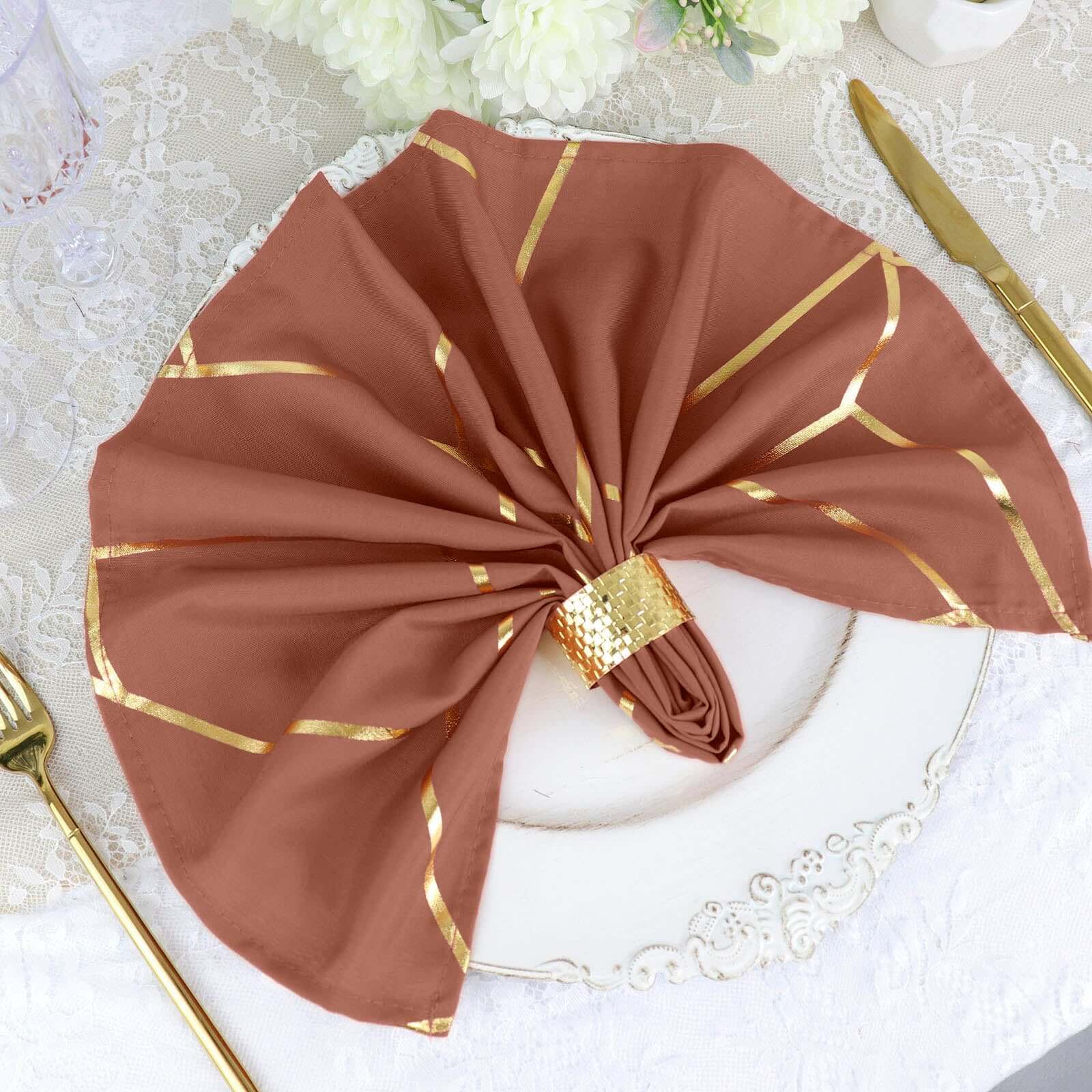 5 Pack Polyester 20"x20" Napkins Terracotta (Rust) with Gold Geometric Foil Pattern - Modern Reusable Dinner Napkins