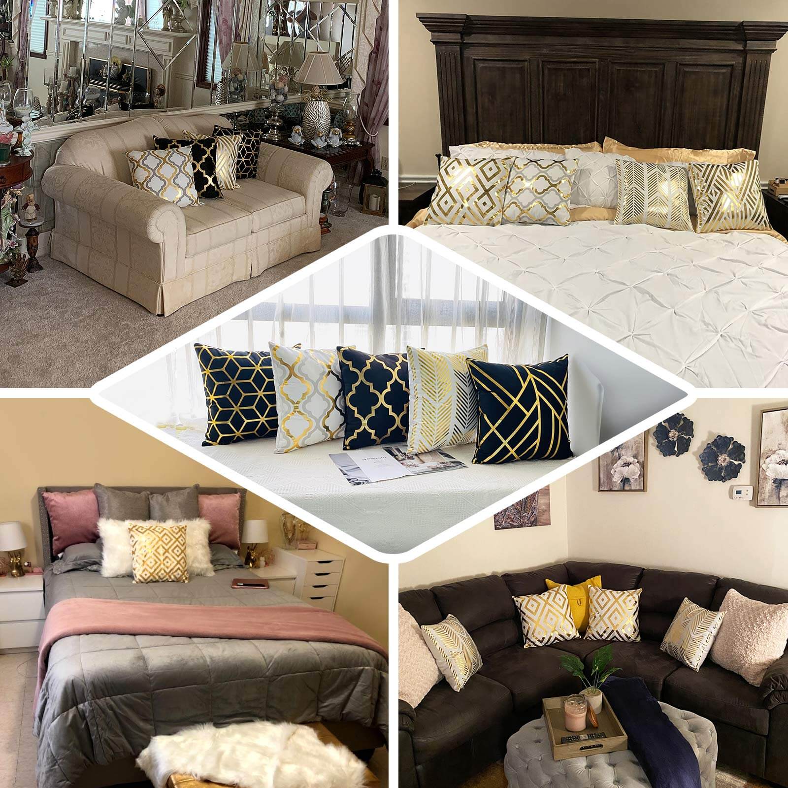 Set Of 4 18" White Gold Foil Geometric Print Throw Pillow Covers, Velvet Square Sofa Cushion Covers