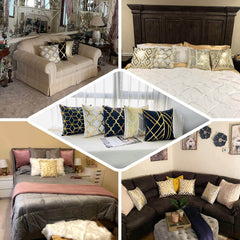 Set Of 4 18" White Gold Foil Geometric Print Throw Pillow Covers, Velvet Square Sofa Cushion Covers