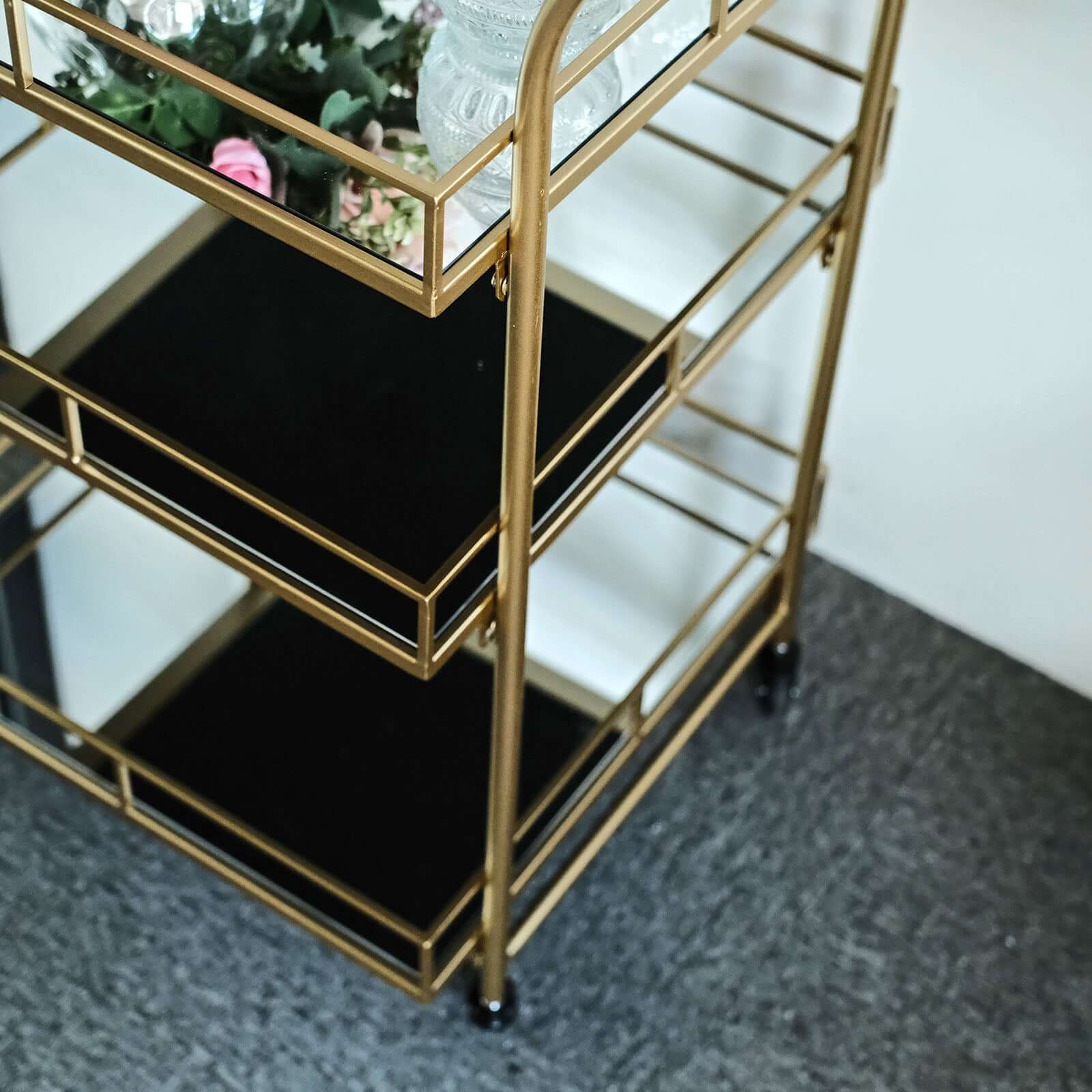 Gold Metal Bar Cart with Mirror Serving Trays 3-Tier - Teacart Island Trolley for Parties 3ft
