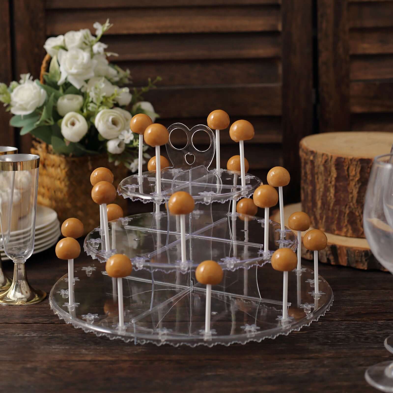 3-Tier Plastic Cucpake & Cake Pop Stand Clear - Decorative Reusable Lollipop Holder Dessert Tower with Floral Edges for Birthday Baby Shower & Tea Parties 12"