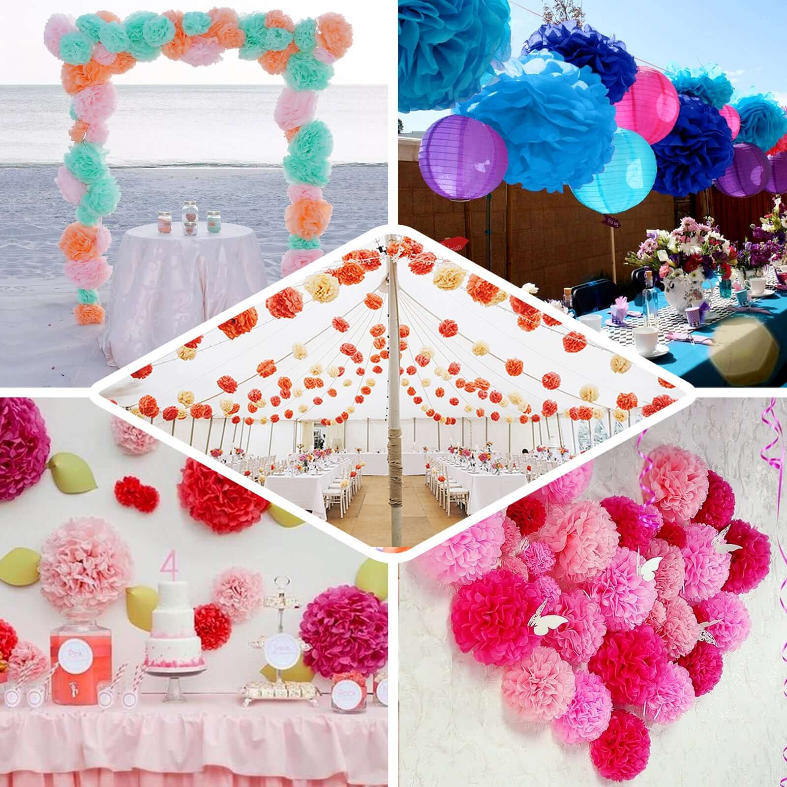 6 Pack 10" Silver Tissue Paper Pom Poms Flower Balls, Ceiling Wall Hanging Decorations