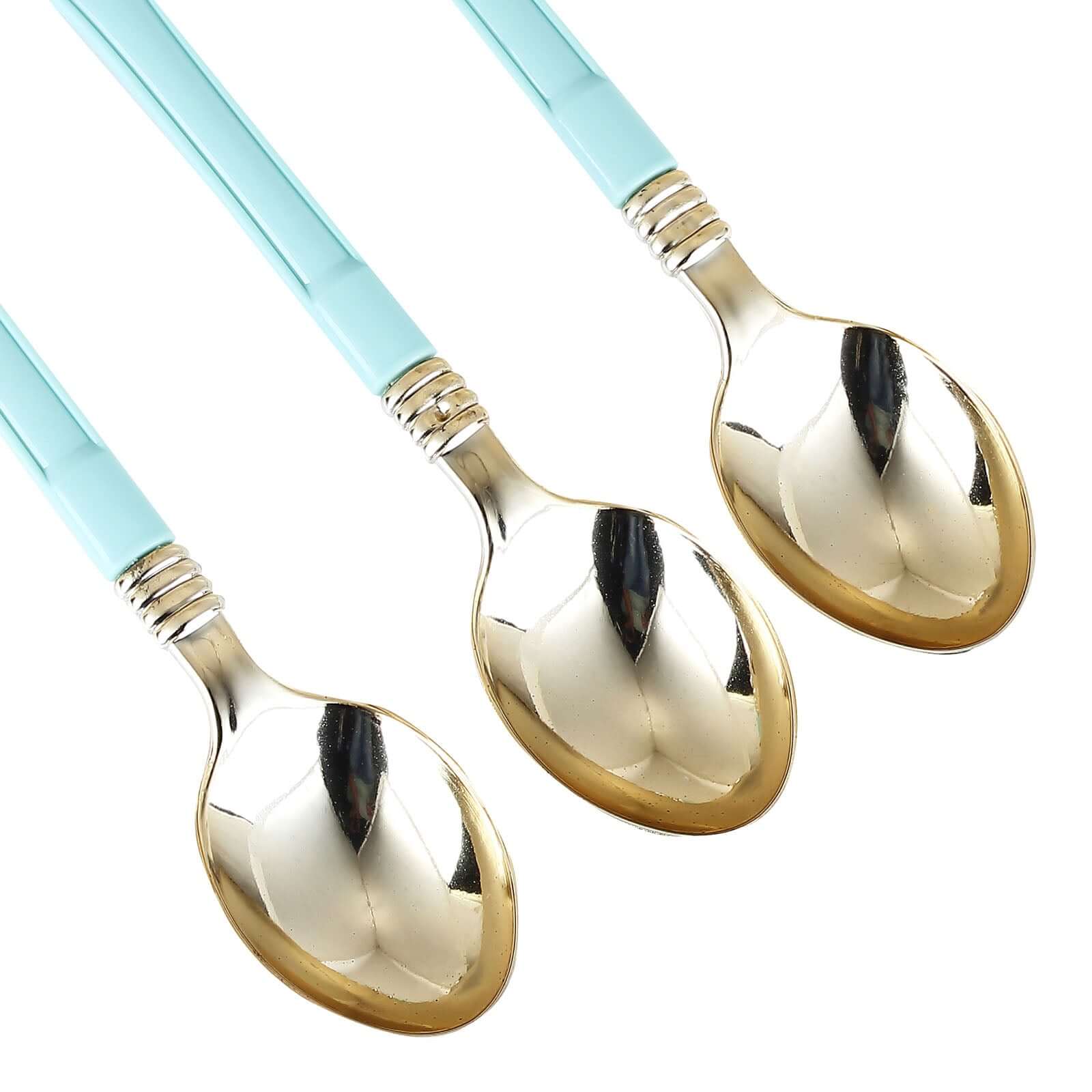 24-Pack Plastic Spoons with Light Blue Handle Gold - Heavy Duty Disposable Silverware 7"