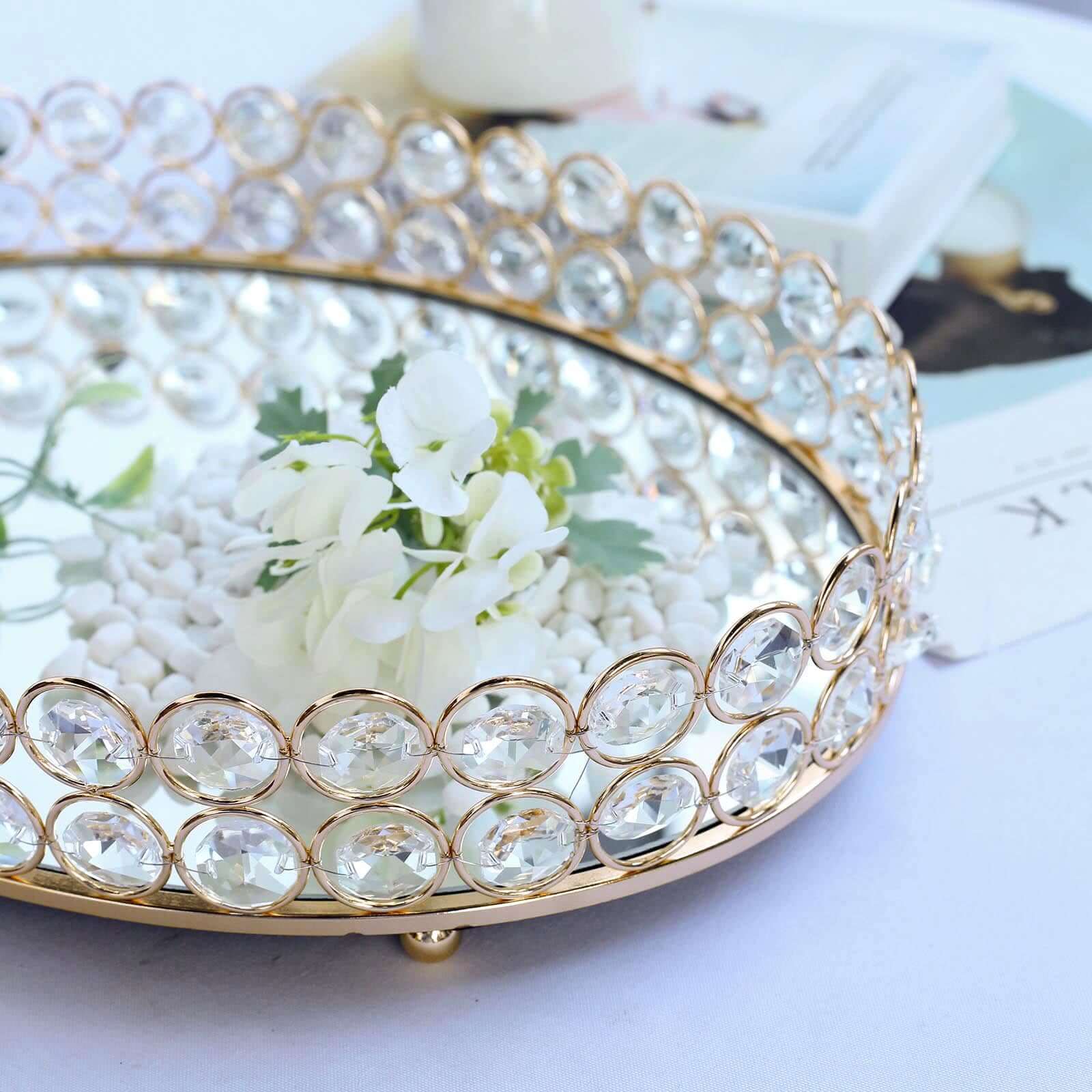 Gold Metal Crystal Beaded Mirror Oval Vanity Serving Tray, Decorative Tray - Medium 14"x10"