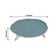 Metal Round Serving Tray 12" in Dusty Blue Floral Pattern with Gold Wavy Rim, Pedestal Dessert Display with Hairpin Legs