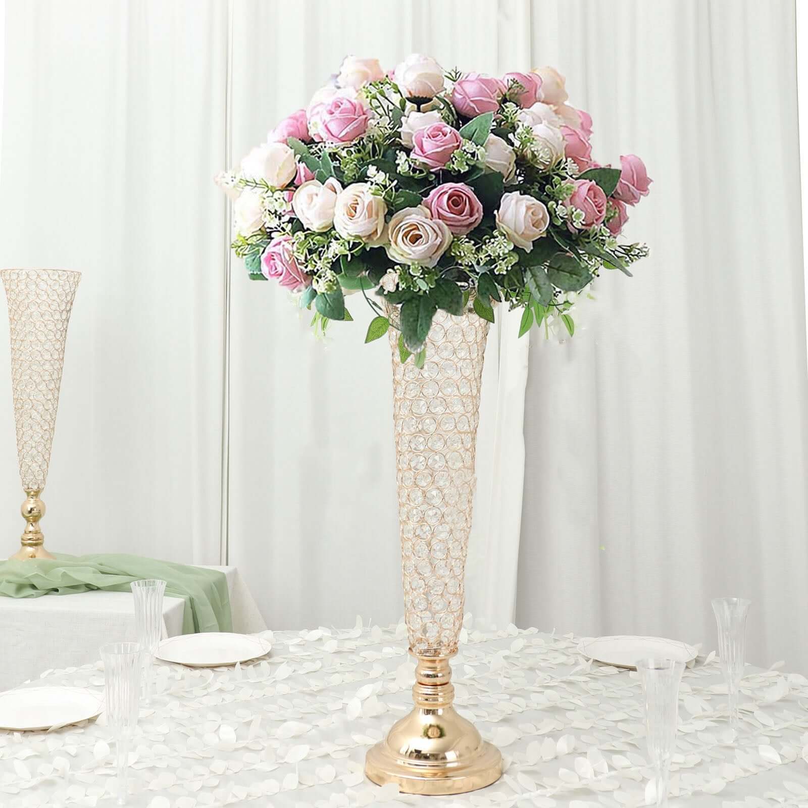 2-Pack Crystal Beaded Trumpet Vase Gold - Exquisite Floral Display Centerpiece Stand Set for Banquets & Receptions 28" Tall