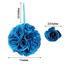 2 Pack 7" Turquoise Artificial Silk Rose Kissing Ball, Faux Flower Ball