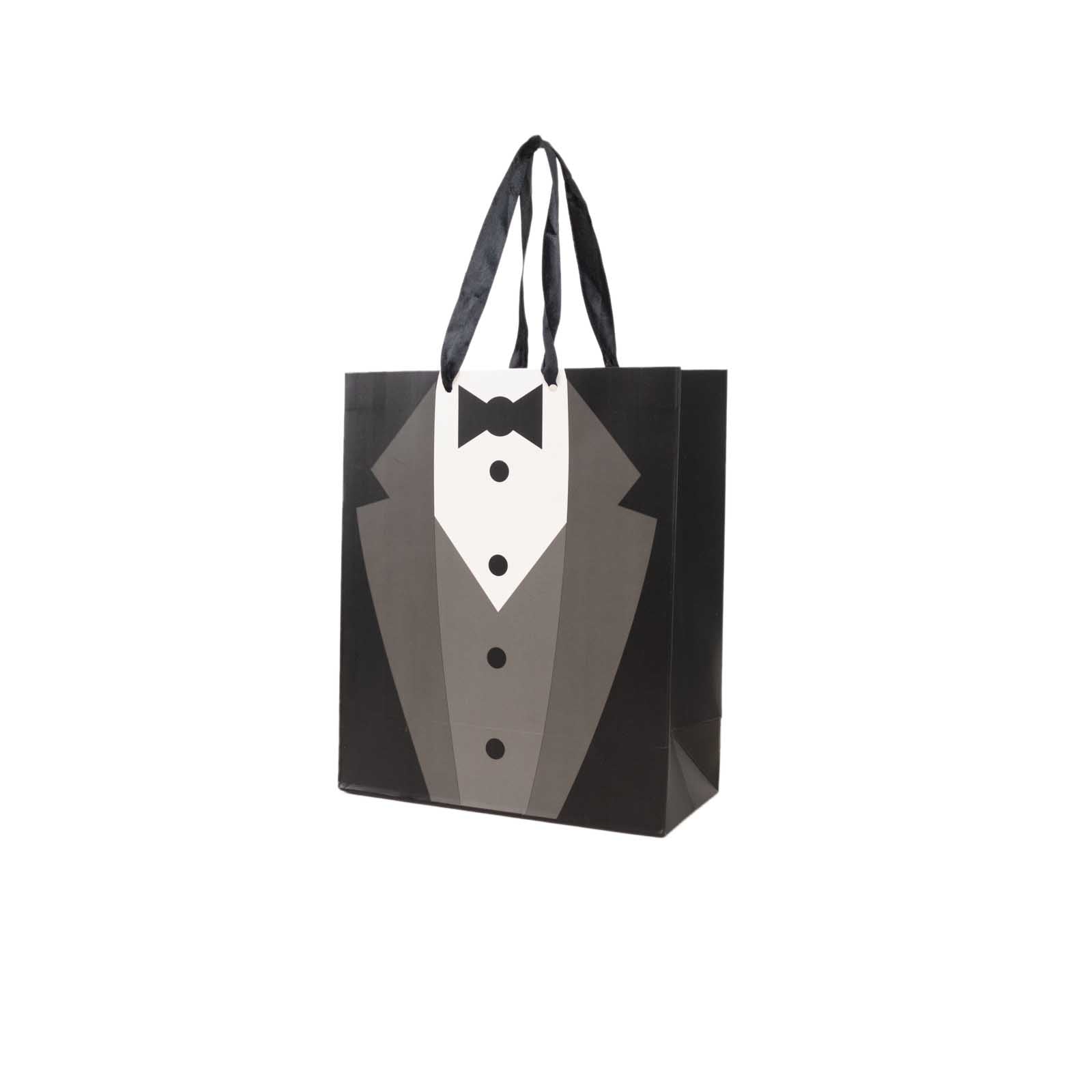 12 Pack White Black Tuxedo Paper Party Favor Goodie Bags With Satin Handles, Reusable Wedding Gift Tote Bags - 8"x9"