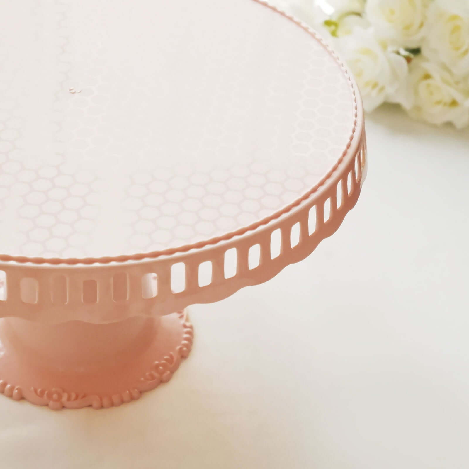 4-Pack Plastic Round Pedestal Cake Stands Blush - Reusable Cupcake Pastry Display Risers with Hollow Ribbon Trim Edges for Stylish Dessert Presentation 13"