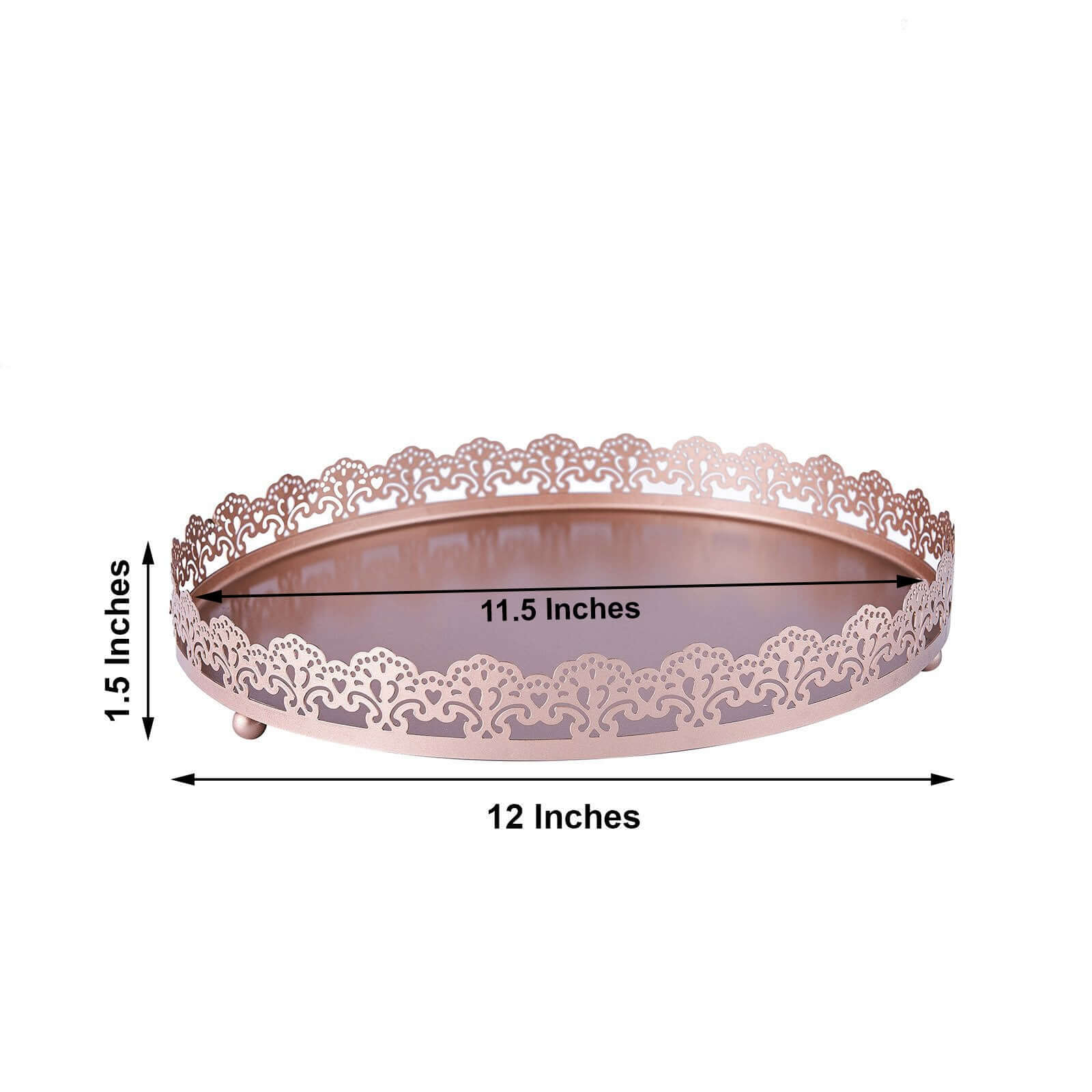 Metal Round Serving Tray 12" in Rose Gold with Embellished Rims, Stylish Decorative Vanity Tray Centerpiece