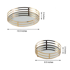 Set of 2 Metal Serving Trays 13", 9" Round Gold with Mirrored Top, Classy Decorative Vanity Tray Centerpiece