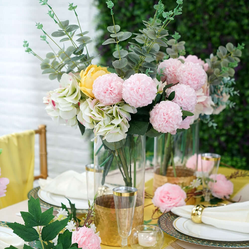 Set of 3 Clear Glass Cylinder Vases with Gold Honeycomb Base, Votive Tealight Candle Holder Set - 8",10",12"