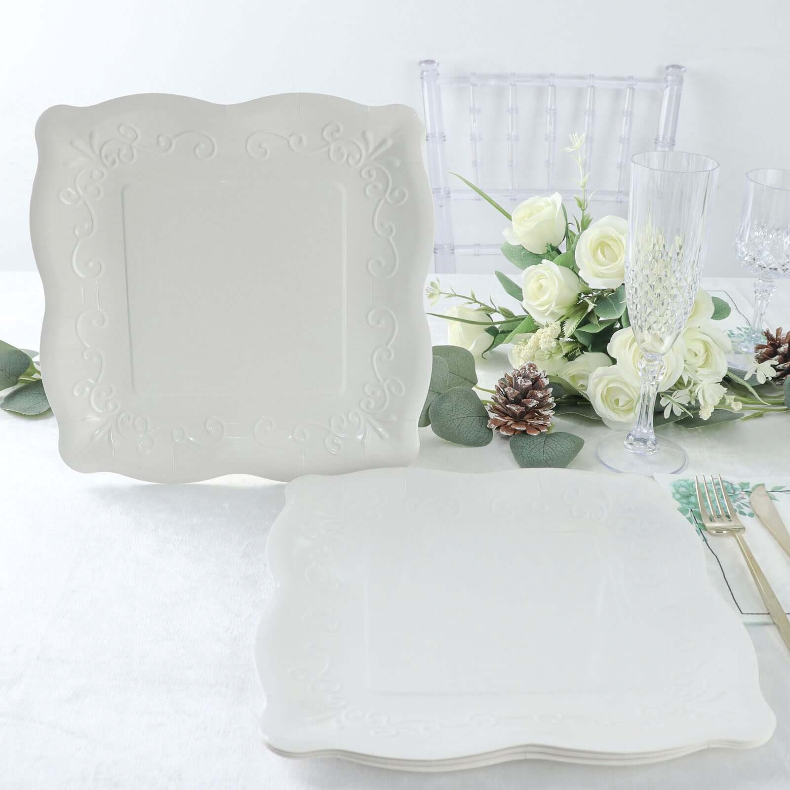 25-Pack Paper 11" Square Dinner Plates in White with Vintage Pottery Embossed Design - Shiny Disposable Serving Plates