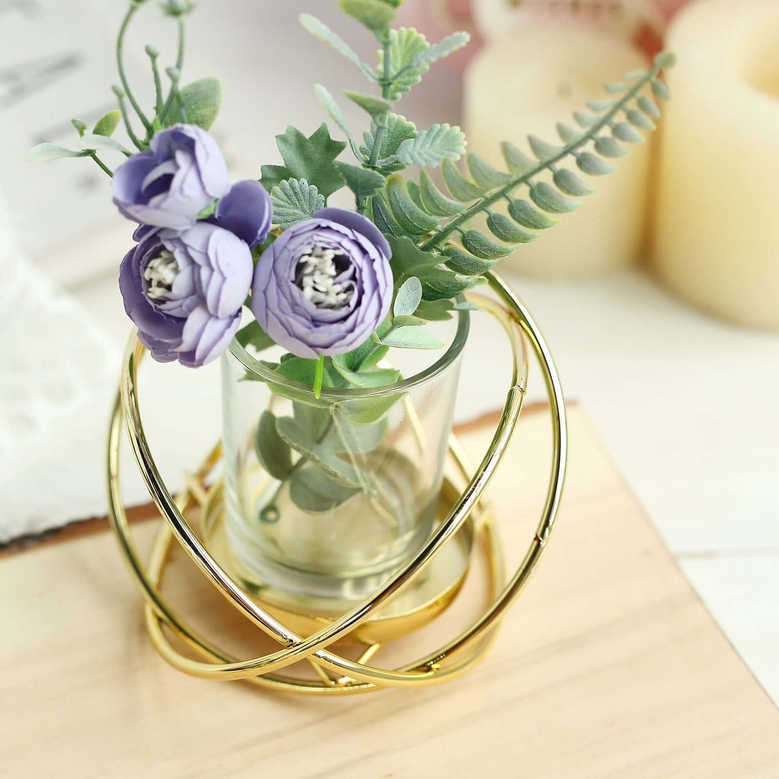 3-Pack Geometric Candle Holders Gold Metal Design with Bud Vase Votive Glass - Chic Wedding & Event Decor 3"