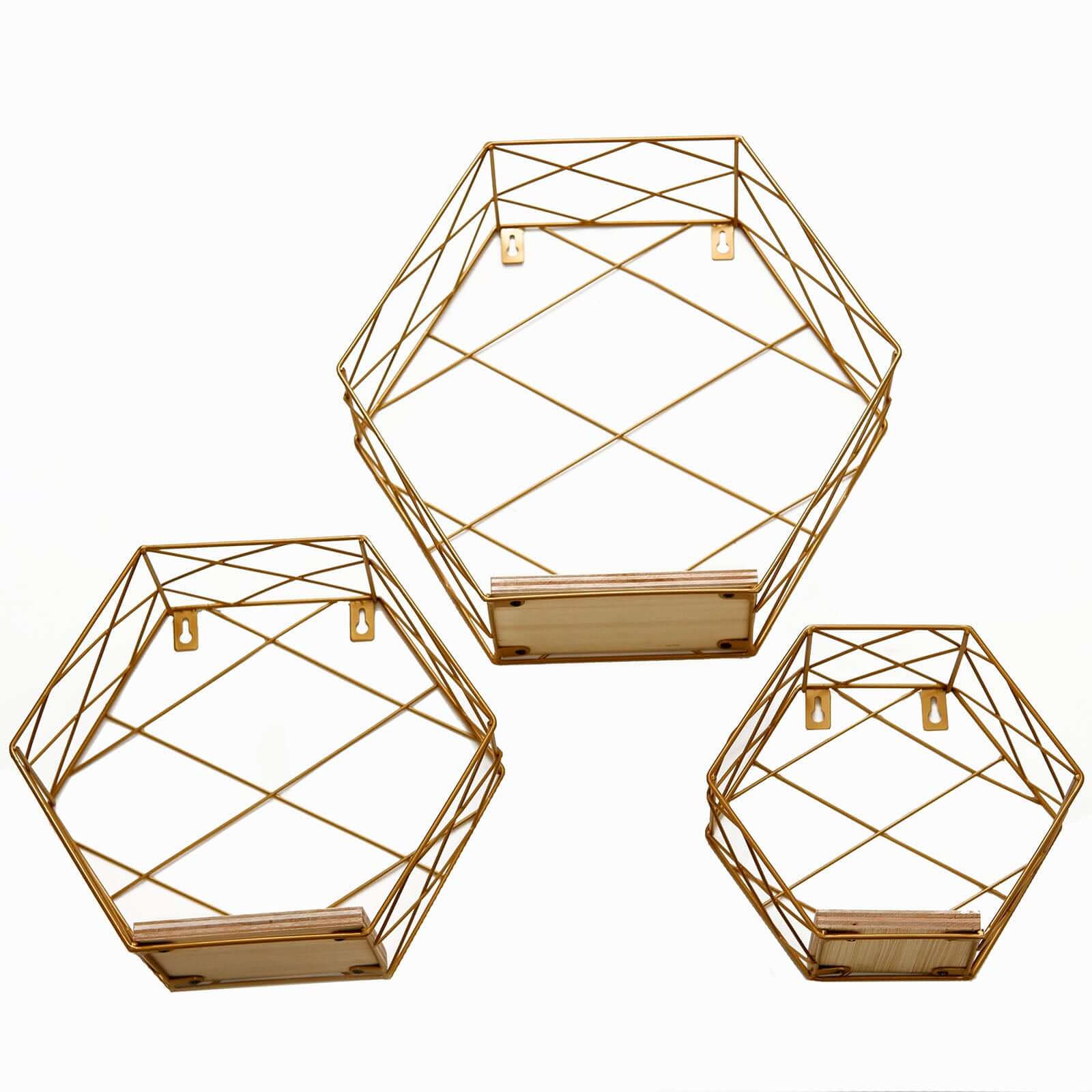 3 Pack Gold Hexagonal Floating Wall Shelves, Decorative Geometric Wall Mounted Shelves - 9",12",14"