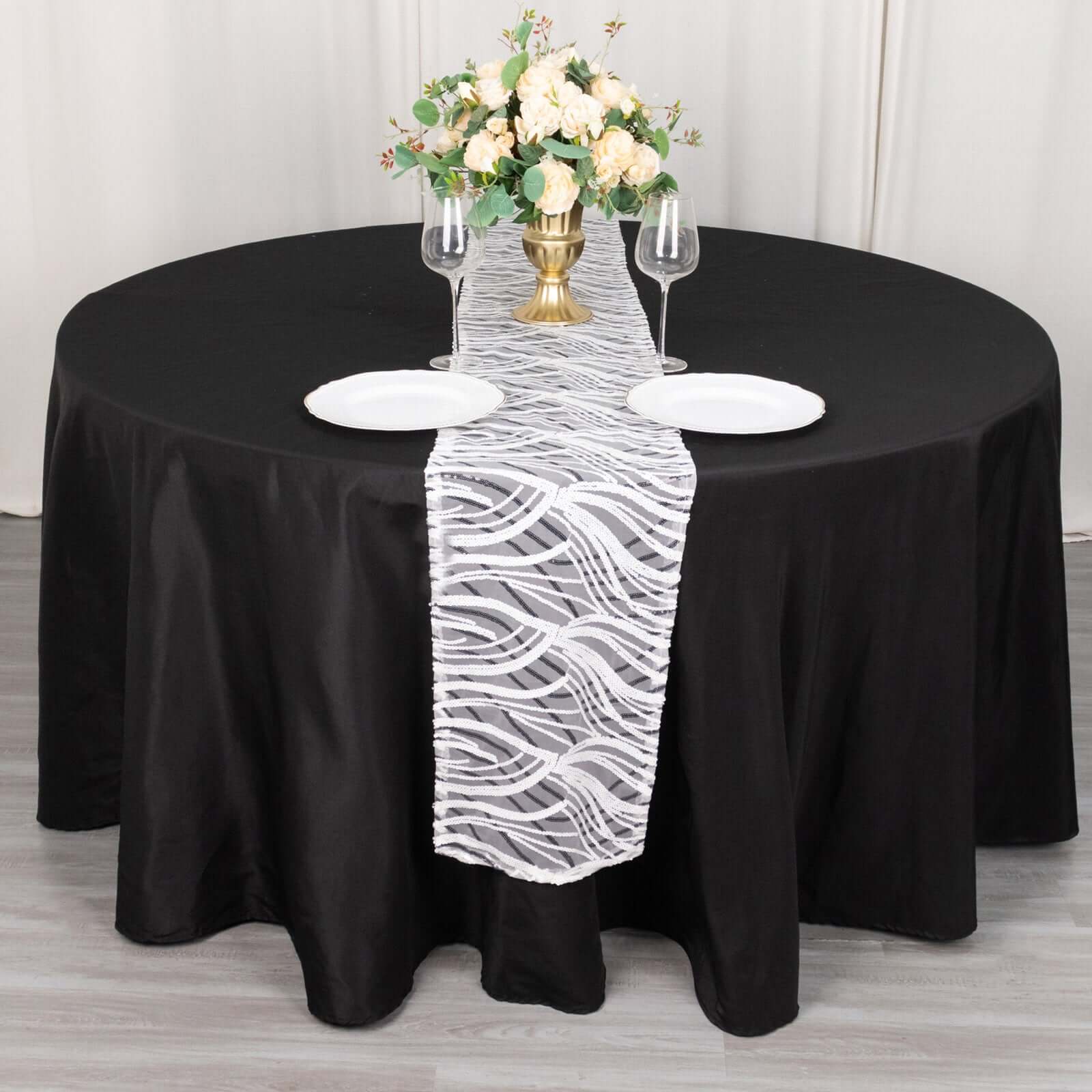 Sequin Mesh 12"x108" Table Runner White Black Stylish Wave Embroidery