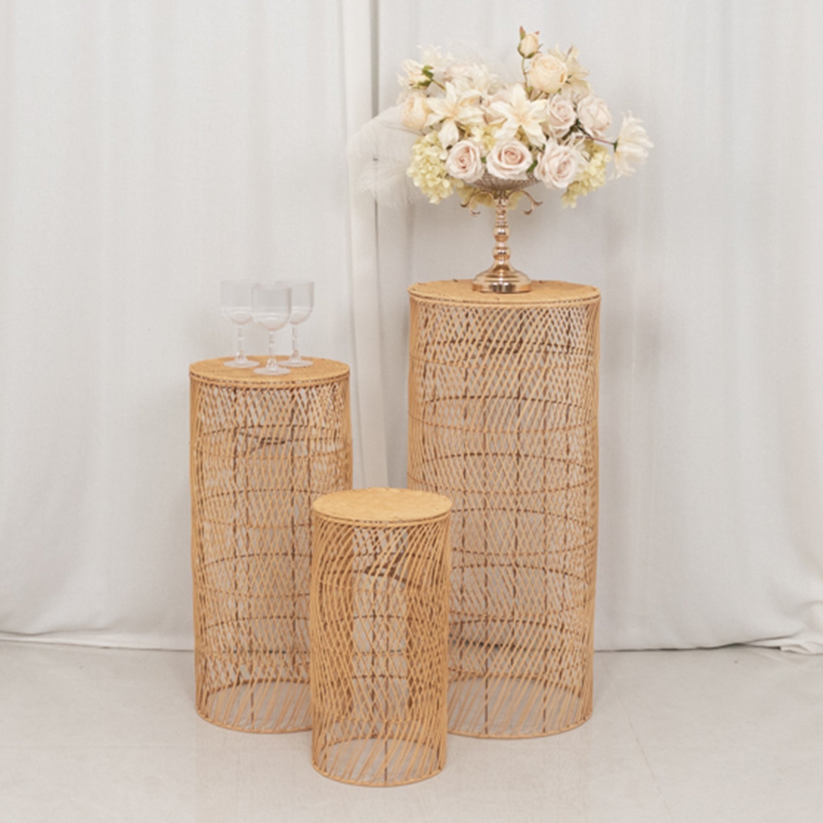 Set of 3 Natural Woven Rattan Wicker Pedestal Stand Floor Lamp Shades with Wave Pattern, Rustic Farmhouse Cylinder Display Stands With Plug In Light Cord - 19",27",33"