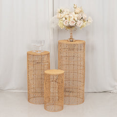 Set of 3 Natural Woven Rattan Wicker Pedestal Stand Floor Lamp Shades with Wave Pattern, Rustic Farmhouse Cylinder Display Stands With Plug In Light Cord - 19",27",33"