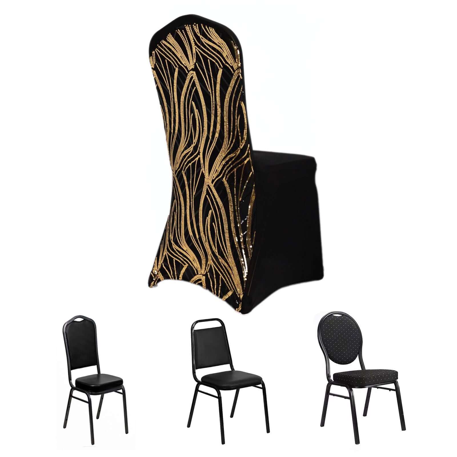 Spandex Chair Cover with Wave Embroidered Sequins for Banquet Chairs Black/Gold - Glittering Stretch Fitted Slipcover