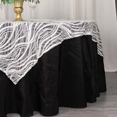 Mesh 72"x72" Table Overlay Square Tablecloth White Black - Wave Embroidered Sequins Table Topper