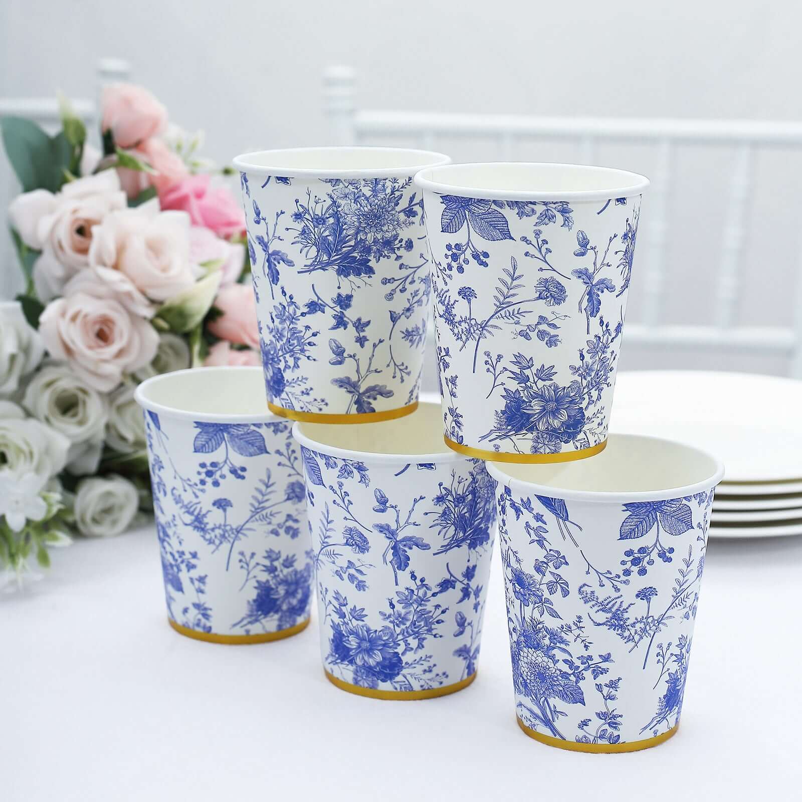 24 Pack Disposable Paper Cups in White Royal Blue French Toile Pattern with Gold Rim, Elegant Party Cups - 9oz