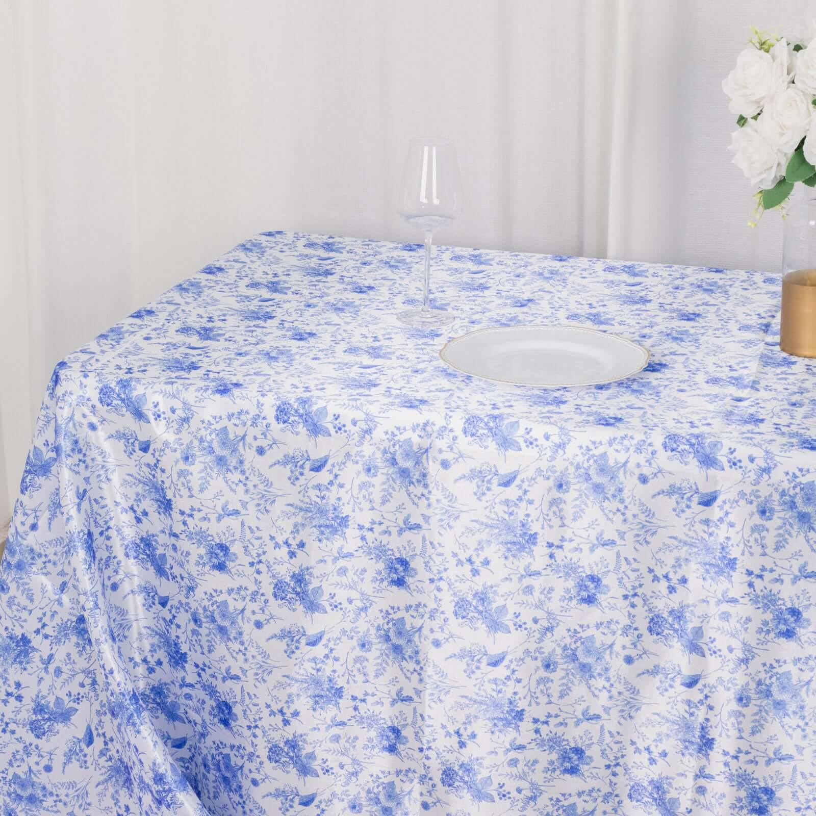 Satin Round 90"x132" Tablecloth White/Blue French Toile Design - Seamless Stylish & Wrinkle-Resistant Table Cover