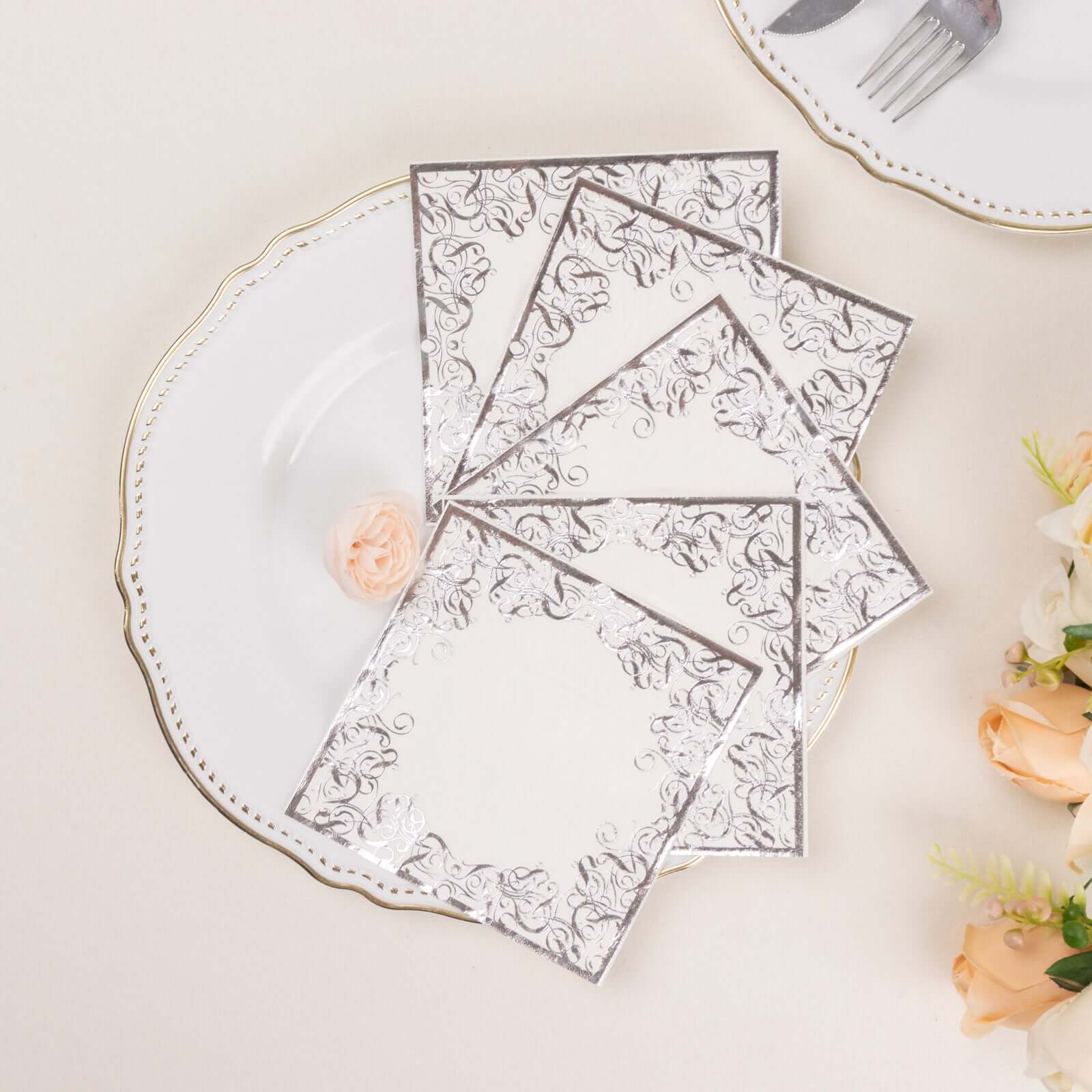 20-Pack Paper Beverage Napkins with Silver Foil Lace Design White - 3 Ply Disposable 18GSM European Style Cocktail Napkins 5"x5"