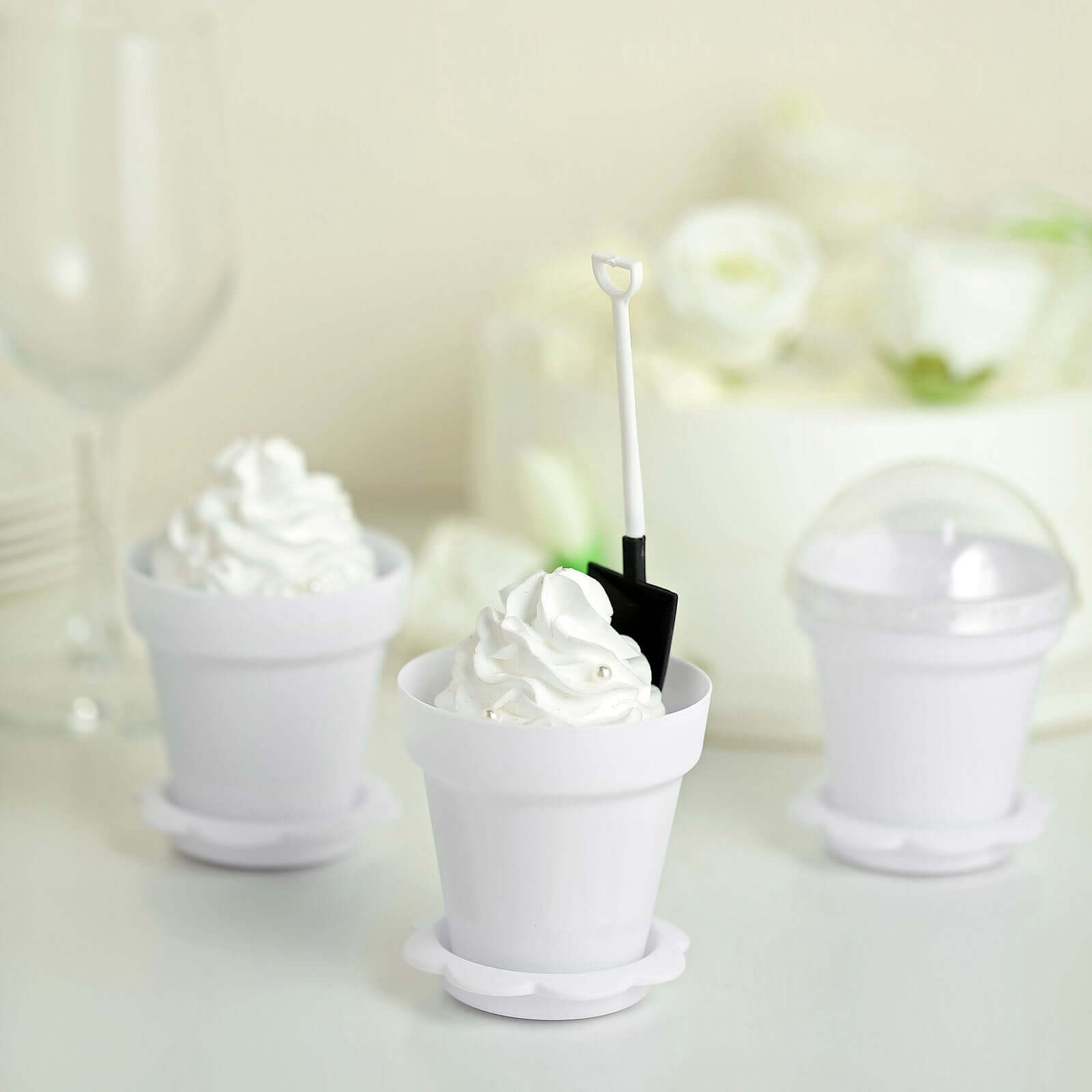 12-Pack Dessert Cups Succulent Planter Design White - Plastic Serving Cups with Lids and Shovels 4"