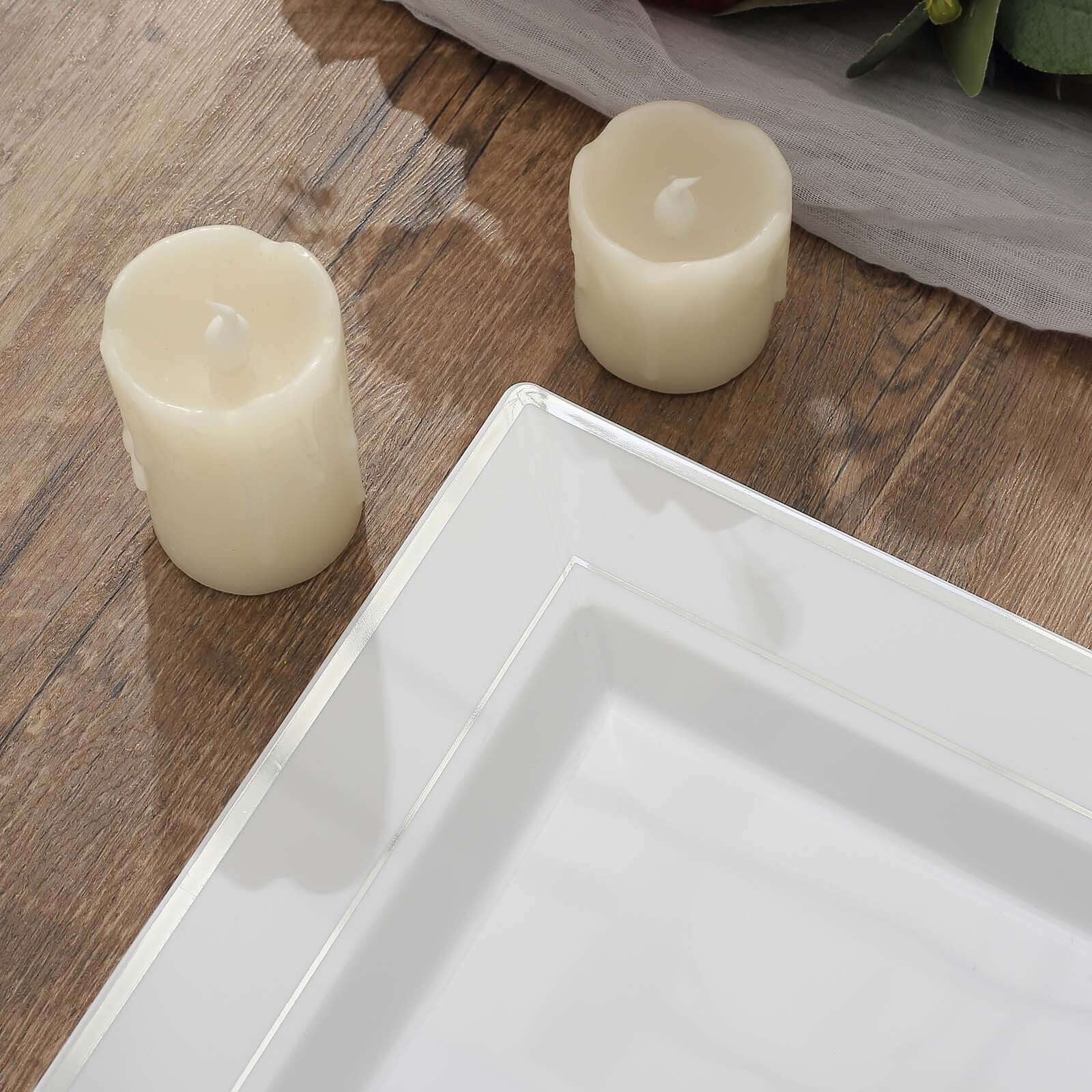 10-Pack Plastic Dinner Plates White Square with Silver Trim - Lightweight Disposable Plates for Events 10"