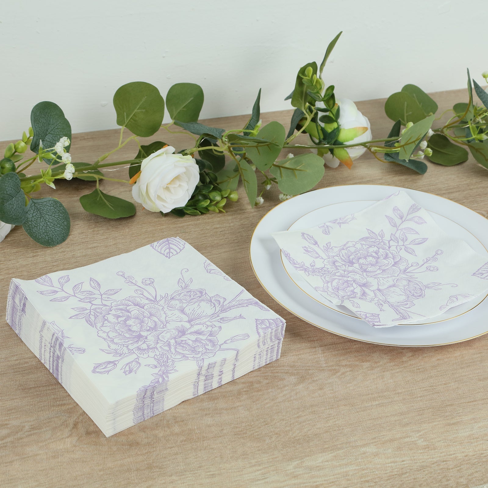 50 Pack Lavender 2-Ply Paper Beverage Napkins in Matte Pink and White French Toile Floral Pattern, Highly Absorbent Soft Disposable Cocktail Napkins