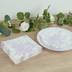50 Pack Lavender 2-Ply Paper Beverage Napkins in Matte Pink and White French Toile Floral Pattern, Highly Absorbent Soft Disposable Cocktail Napkins