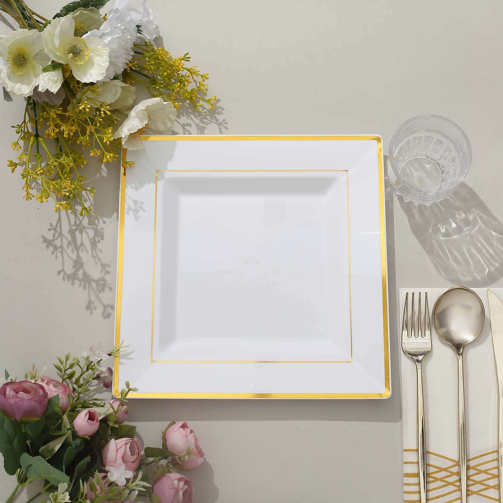 10-Pack Plastic Dinner Plates White Square with Gold Trim - Lightweight Disposable Plates for Events 10"