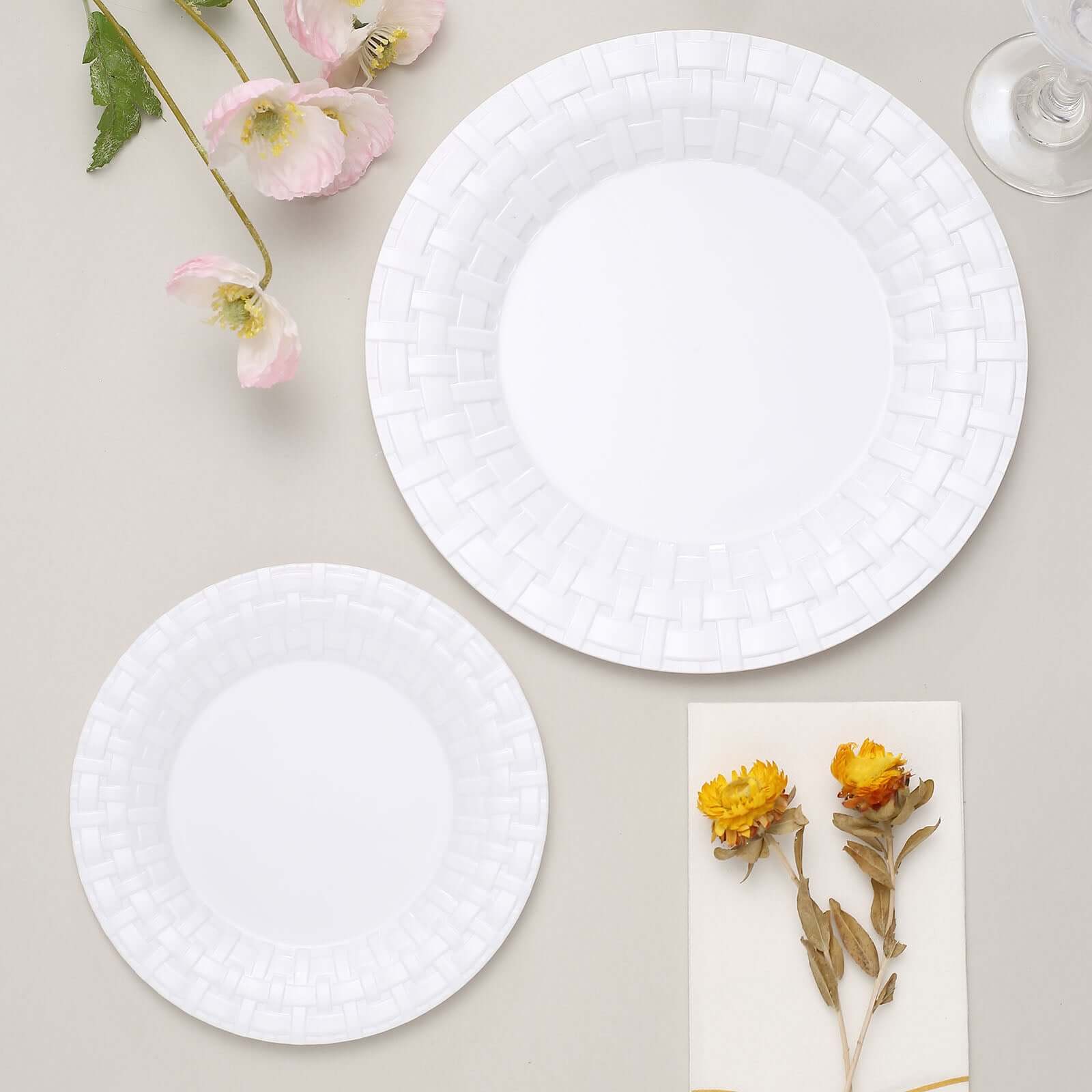 10-Pack Plastic Dinner Plates White Basketweave Rim - Durable Disposable Dinner Plates 10"