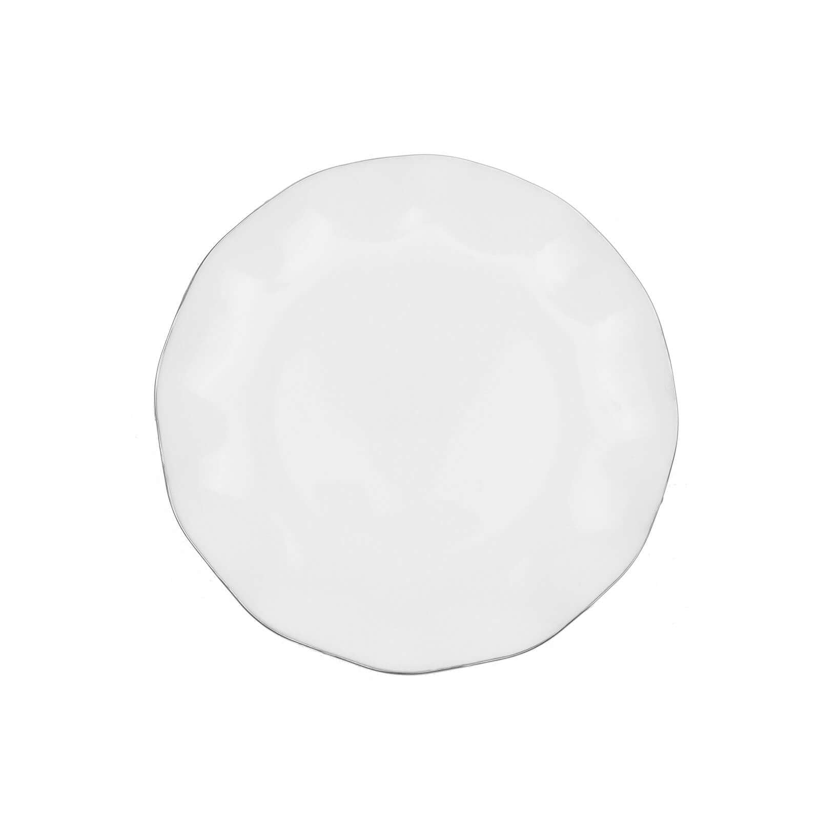 10-Pack Plastic Round 6" Dessert Plates in White Ruffled Rim with Gold Edging - Sturdy Disposable Salad Appetizer Dinnerware for Classy Events & Banquets
